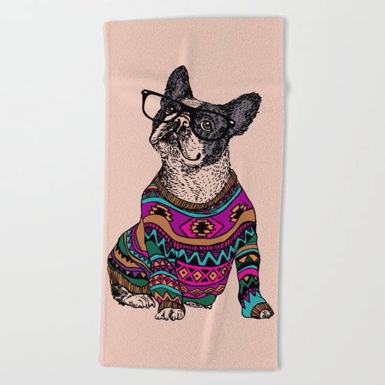 hipster frenchie Beach Towel