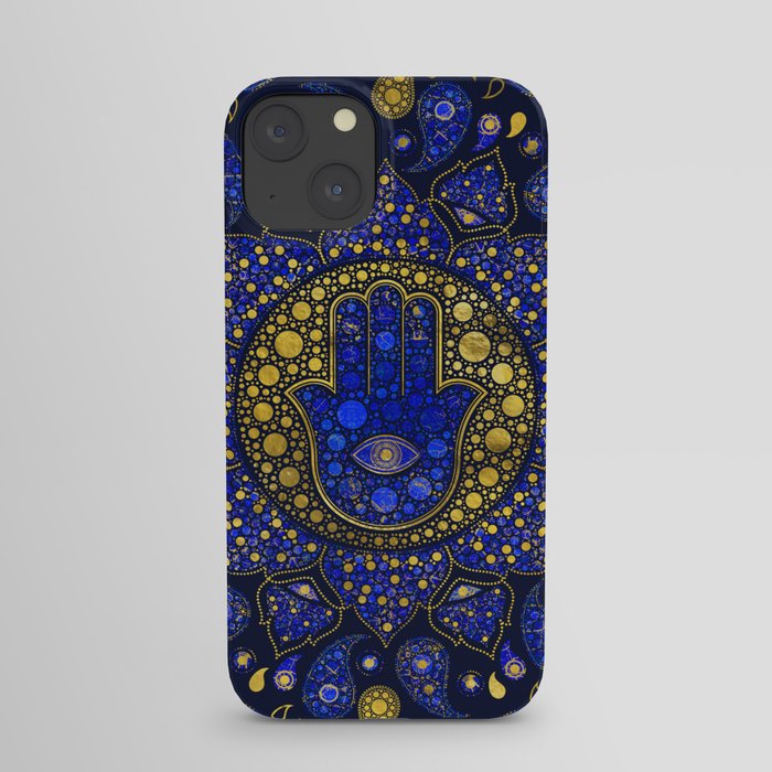 Hamsa Hand -Hand of Fatima Dot Art Lapis Lazuli and gold iPhone Case