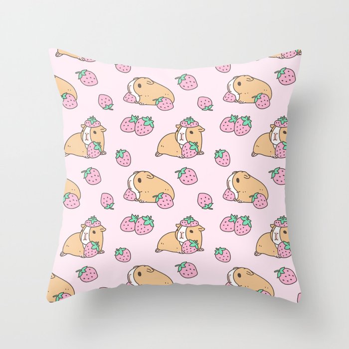 Pink Strawberries and Guinea pig pattern Throw Pillow