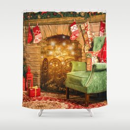 Christmas interior room fireplace, Christmas tree, green chair with a red blanket and gifts Shower Curtain