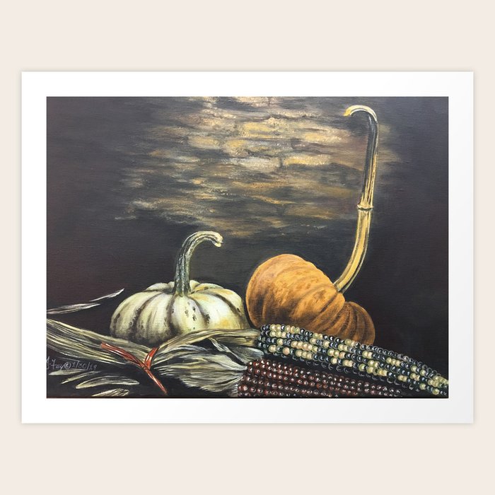 Pumpkins & Indian Corn Art Print by Joan Fay Art | Society6