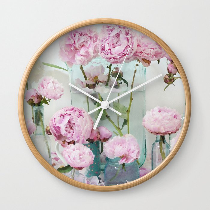 Peonies Cottage Aqua Pink Shabby Chic Watercolor Peony Prints Home Peonies Cottage Aqua Pink Shabby Chic Watercolor Peony Prints Home Decor Wall Clock