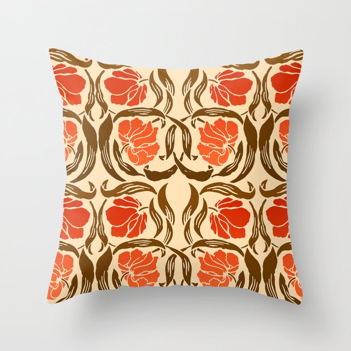 William Morris Pimpernel, Mandarin Orange and Brown Throw Pillow