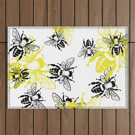 Black and Yellow Buzzing Bees Pattern Bugs Insects Theme Outdoor Rug