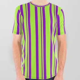 [ Thumbnail: Light Green and Dark Violet Colored Lines/Stripes Pattern All Over Graphic Tee ]