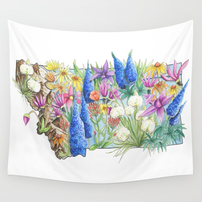 Montana - Floral Watercolor - State of Montana - Mountain Art - Montana Flowers - Rocky Mountains Wall Tapestry