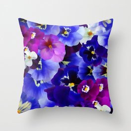 Abstract blue purple pink white pansies floral Throw Pillow