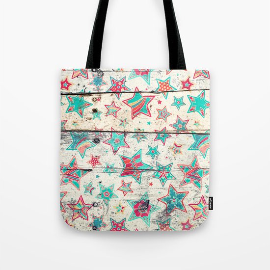 Grunge Stars on Shabby Chic White Painted Wood Tote Bag