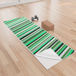 [ Thumbnail: Eye-catching Green, Grey, Forest Green, White, and Black Colored Stripes/Lines Pattern Yoga Towel ]