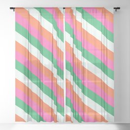 [ Thumbnail: Mint Cream, Coral, Hot Pink, and Sea Green Colored Lined Pattern Sheer Curtain ]