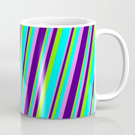 [ Thumbnail: Chartreuse, Aqua, Violet, and Indigo Colored Striped/Lined Pattern Coffee Mug ]