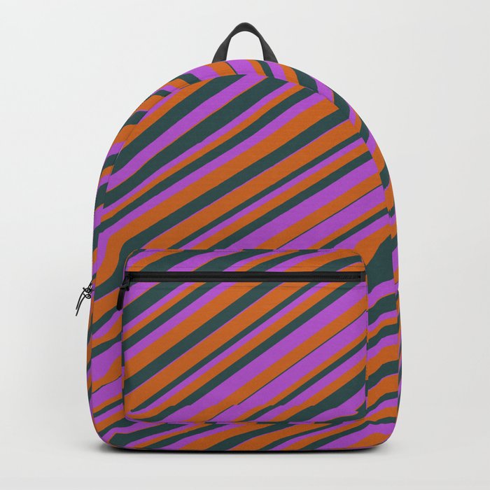 Chocolate, Dark Slate Gray, and Orchid Colored Striped Pattern Backpack