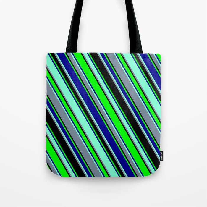 Colorful Black, Lime, Dark Blue, Aquamarine, and Light Slate Gray Colored Lined Pattern Tote Bag