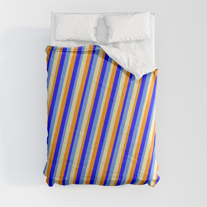 Blue, Cornflower Blue, Pale Goldenrod, and Dark Orange Colored Lines/Stripes Pattern Comforter