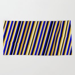[ Thumbnail: Goldenrod, Pale Goldenrod, Blue & Black Colored Striped Pattern Beach Towel ]
