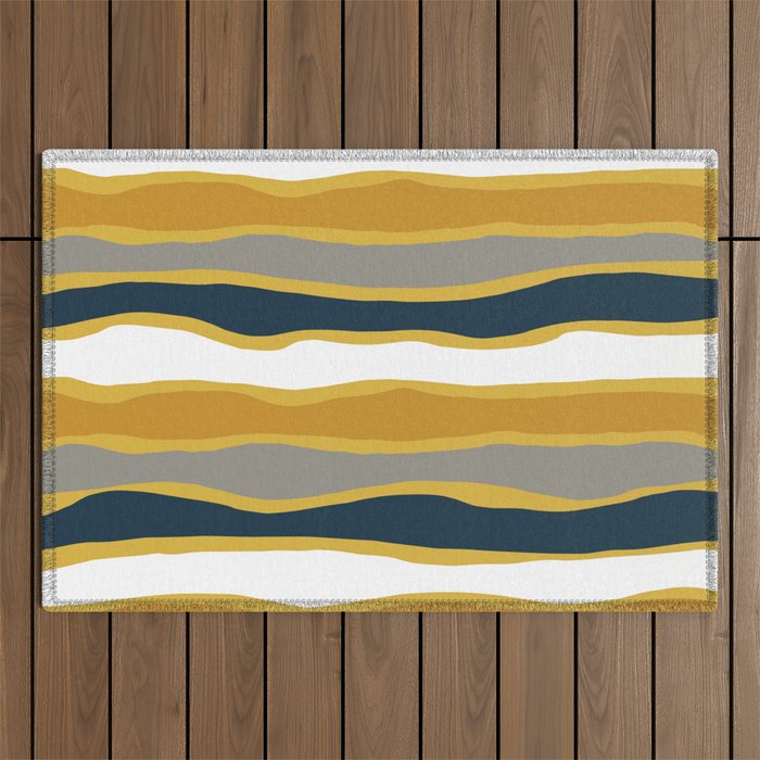 Organic Layer Stripes in Light and Dark Mustard, Gray, White, and Navy Blue Outdoor Rug