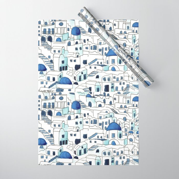 Santorini, Greece Watercolor Painting Wrapping Paper