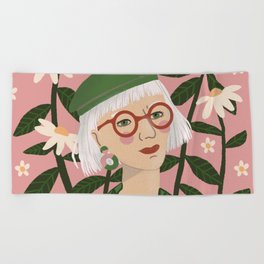 Woman with Pink Flowers Beach Towel