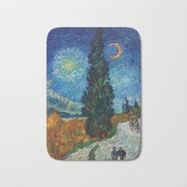 Road with Cypress and Star; Country Road in Provence by Night, oil-on-canvas post-impressionist landscape painting by Vincent van Gogh in alternate blue twilight sky Bath Mat