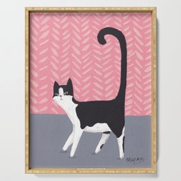 Tuxedo Cat Against Pink Wall Serving Tray