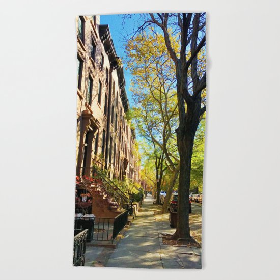 Cobble Hill Brooklyn New York in the Fall, Brownstones Beach Towel