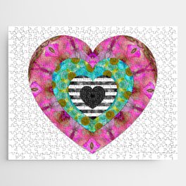 Colorful Pink Aqua Black Hearts Art - Heart Strings Jigsaw Puzzle