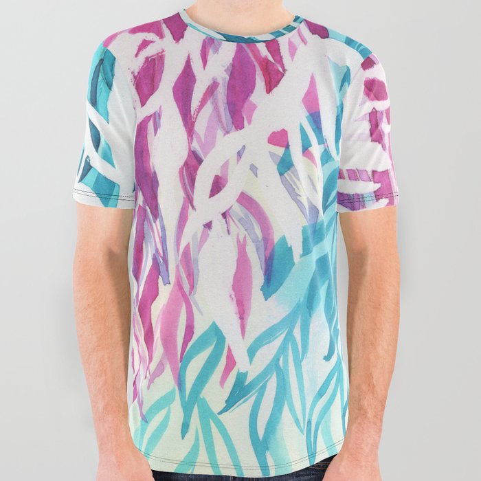 Magenta & Turquoise Leaves - Watercolor All Over Graphic Tee