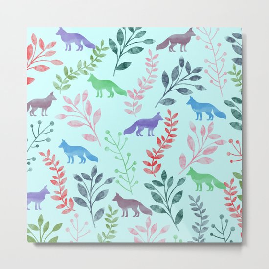 Watercolor Floral & Fox Metal Print