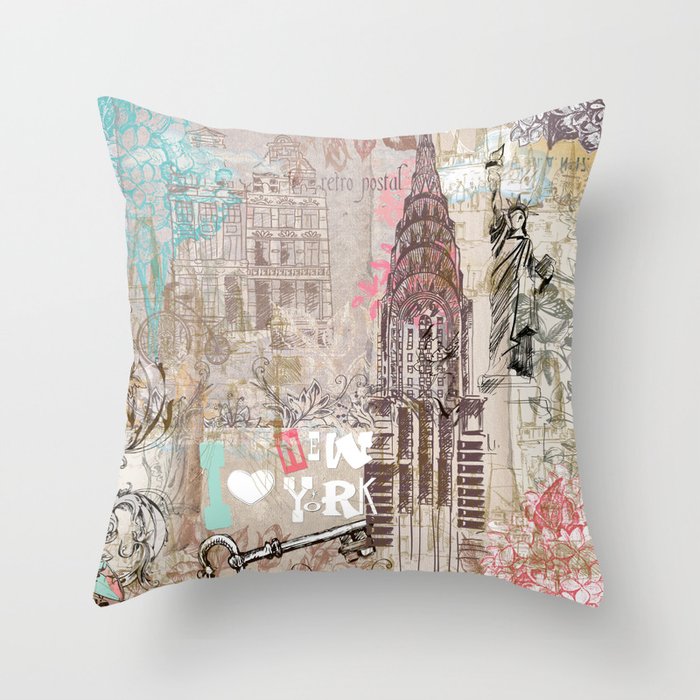 Vintage Collage Brown Pink Typography New York Landmark Throw Pillow By Pink Water Society6