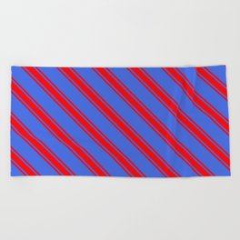 [ Thumbnail: Royal Blue and Red Colored Lined/Striped Pattern Beach Towel ]