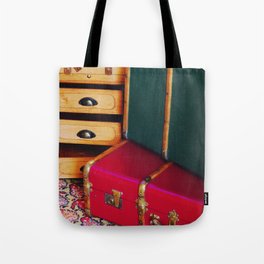 Old leather suitcases on the carpet | Classic vintage luggage | Travel concept Tote Bag