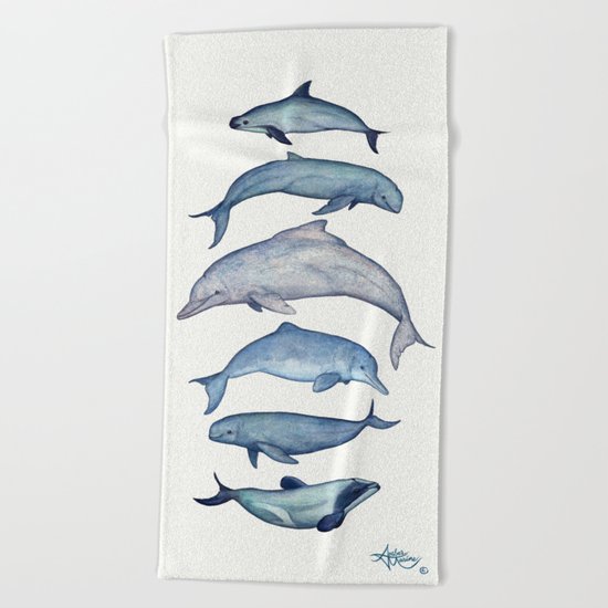 "Rare Cetaceans" by Amber Marine - Watercolor dolphins and porpoises - (c) 2017, vaquita, maui's,... Beach Towel