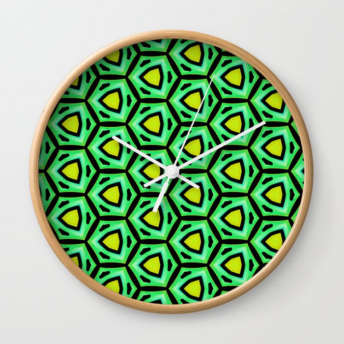 Spring brilliance. Modern, abstract, geometric pattern in bright green, light green, turquoise, yellow, black Wall Clock