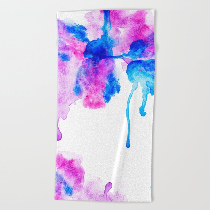 Abstract modern bright  pink purple blue watercolor splatters paint Beach Towel