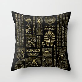 Egyptian hieroglyphs and deities gold on black Throw Pillow