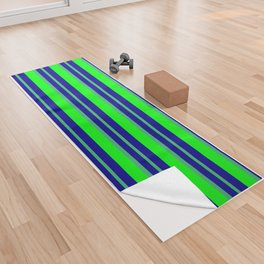 [ Thumbnail: Dark Blue, Sea Green & Lime Colored Lined/Striped Pattern Yoga Towel ]