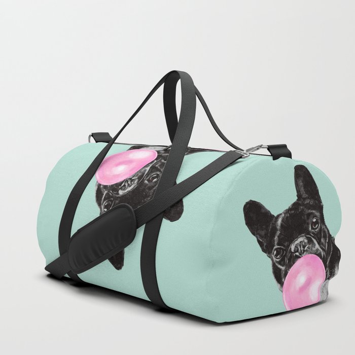 Bubble Gum Sneaky French Bulldog in Green Duffle Bag by Big Nose