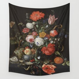 Jan Davidsz de Heem - Flower Still Life with a Bowl of Fruit and Oysters (c.1665) Wall Tapestry