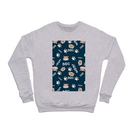 Blue pattern with cute, funny happy dogs. Paw prints, woof with hearts text and pets. Crewneck Sweatshirt