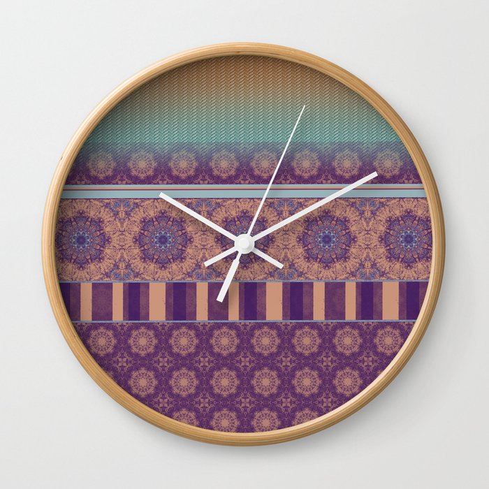Purple Teal Orange Boho Mandala Tile Ombre Mixed Pattern Wall Clock