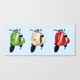 Three Vespa scooters in the colors of the Italian flag Canvas Print