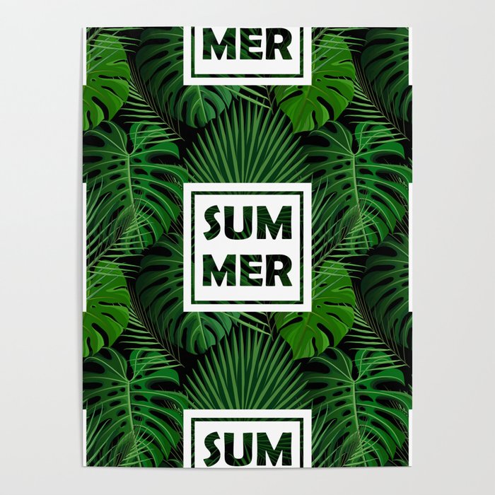 Tropical green monster leaves floral summer typography Poster