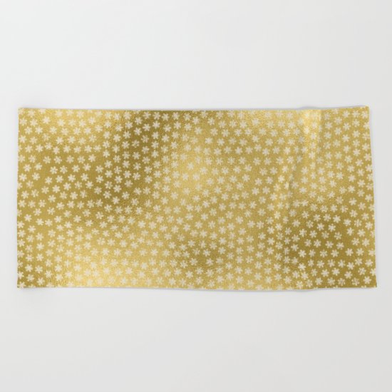 Merry christmas- white winter stars on gold pattern Beach Towel
