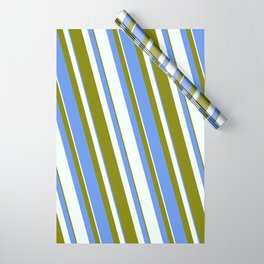 [ Thumbnail: Mint Cream, Green & Cornflower Blue Colored Striped/Lined Pattern Wrapping Paper ]