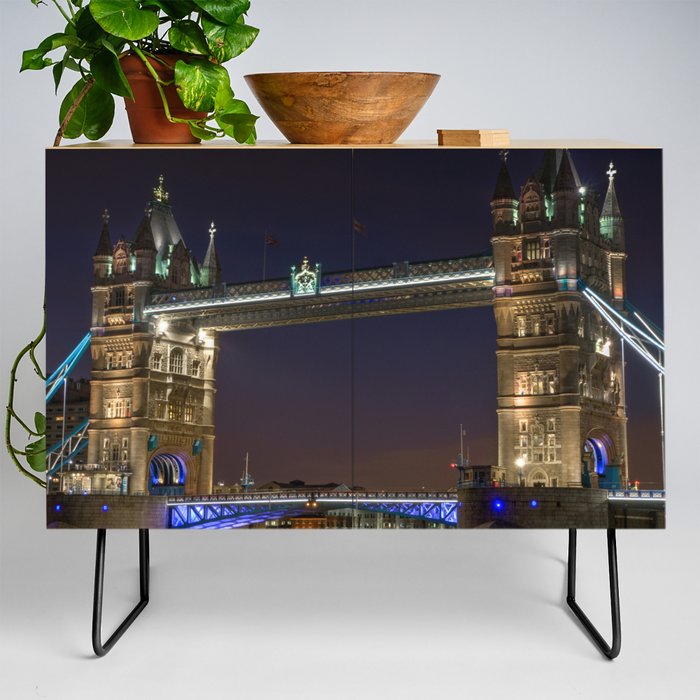 Great Britain Photography - The Famous Tower Bridge In London At Night Credenza