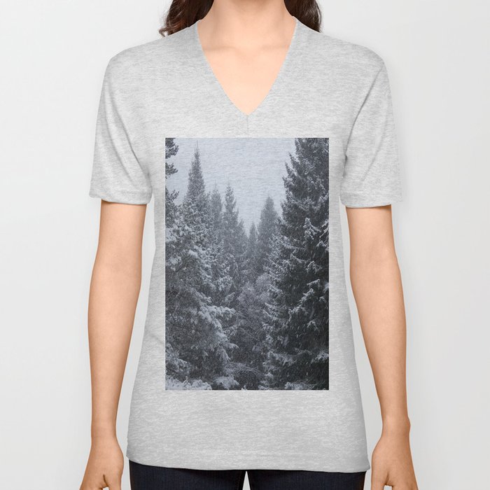 Snow Bound Trees in the Scottish Highlands V Neck T Shirt
