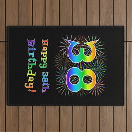 [ Thumbnail: 38th Birthday - Fun Rainbow Spectrum Gradient Pattern Text, Bursting Fireworks Inspired Background Outdoor Rug ]