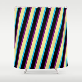[ Thumbnail: Tan, Deep Sky Blue, Black, and Purple Colored Striped Pattern Shower Curtain ]