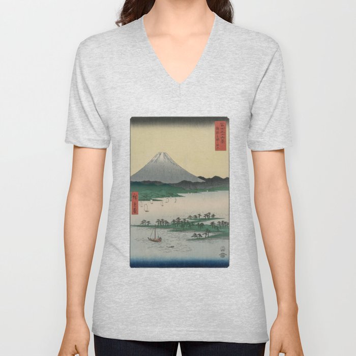 Pine Groves of Miho in Suruga, from the series Thirty-six Views of Mount Fuji (1858) Andō Hiroshige (Japanese, 1797 – 1858) V Neck T Shirt