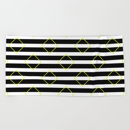 Black And White Stripes And Yellow Squares Pattern Beach Towel